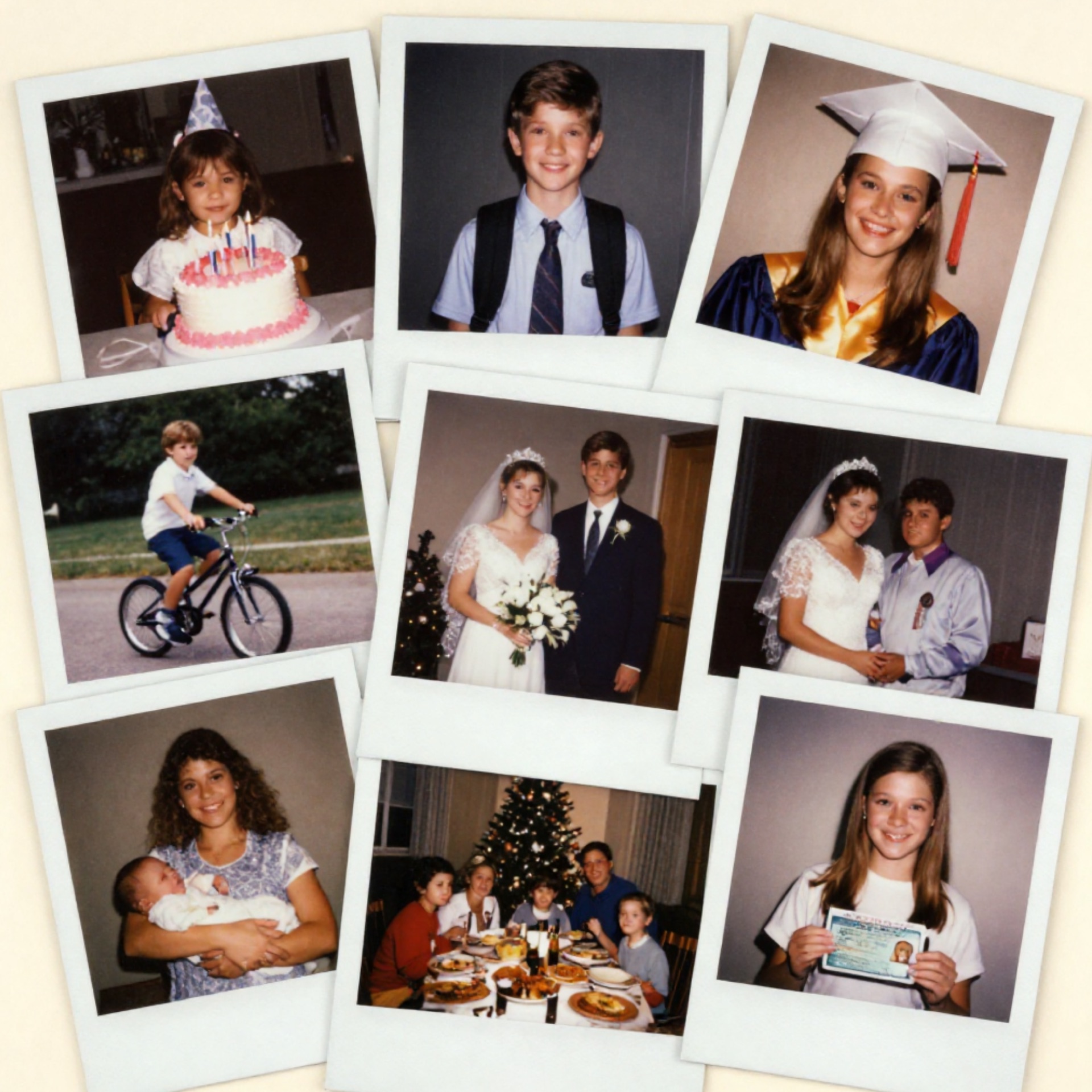 A collage of family photographs spanning a lifetime of moments, from childhood to parenthood