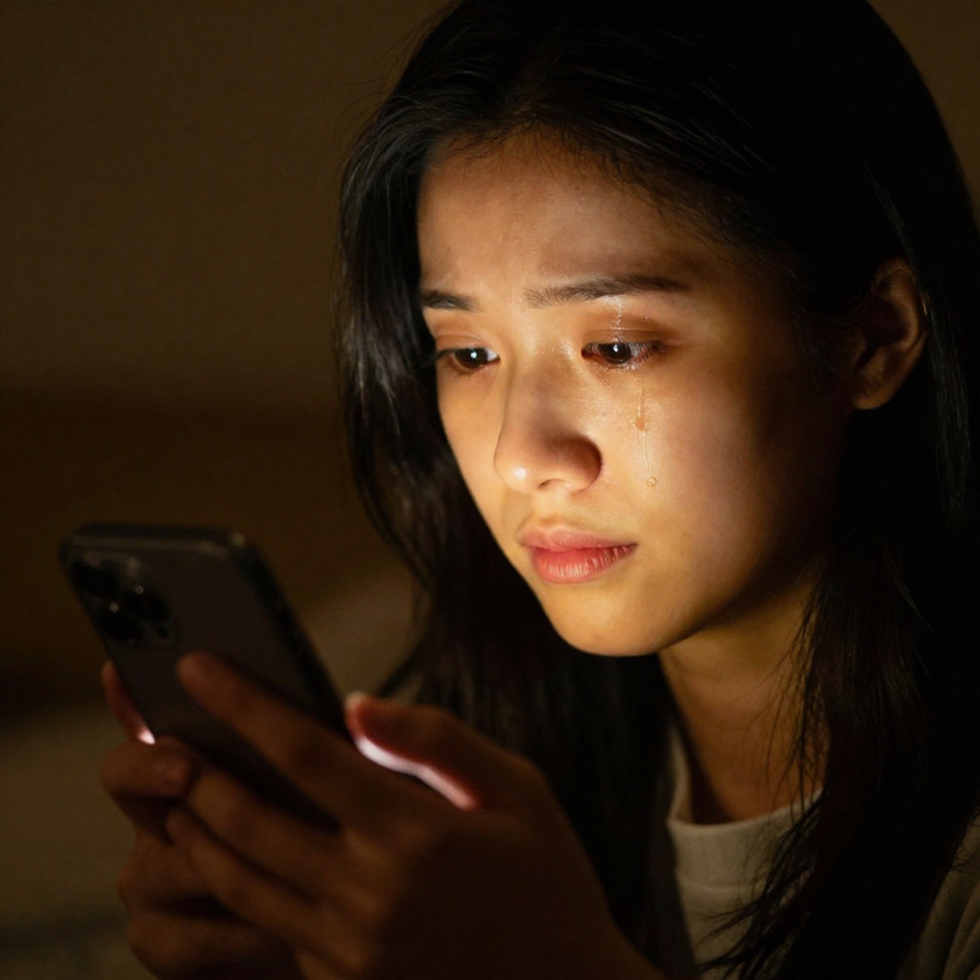 A young woman watching a video on her phone, moved to tears of love